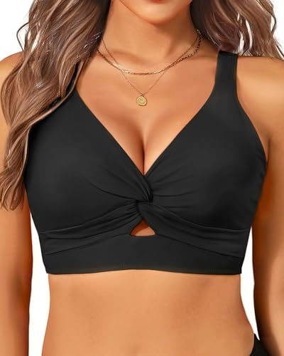 Yonique Women Bikini Top Only - Supportive Swim Tops Large Bust Swimsuit 2025 Cut Out Twist Bathing Suit Black M