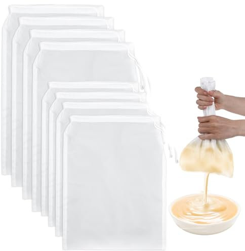 Oruola 8pcs Nut Milk Bag for Straining,300 Micron Nylon Cheese Cloths for Straining,Reusable Fine Mesh Muslin Bags for Oat Bath,Juice,Greek Yogurt,Cold Brew Coffee,15 x 20 cm & 20 x 30 cm