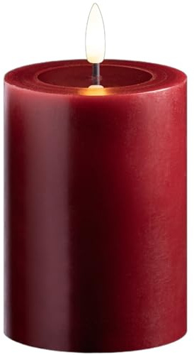 Kleine LED Stumpenkerze mit Timer rot 7,5cm ø, 10cm H, Echtwachspiegel ON/OFF-Timer 6H, 2 AA Batterien nötig LED Echtwachskerze mit Flackereffekt flammenlose Stumpenkerze LED Kerze schmal und klein