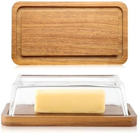 LiWiBet Butterdose Glas Holz, Butterdosen 22x11 cm, Butterschale mit Deckel, Butter Dish Butter Dose Butterbox für Küche Kühlschrank, Butterglocke für 250 g Butter