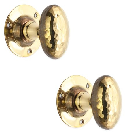 Infinity Decor Pair of Victorian Aged Brass Hammered Oval Mortice Door Knobs Round Pull Handles Set - 58mm Victorian Knobs for Internal and External Doors