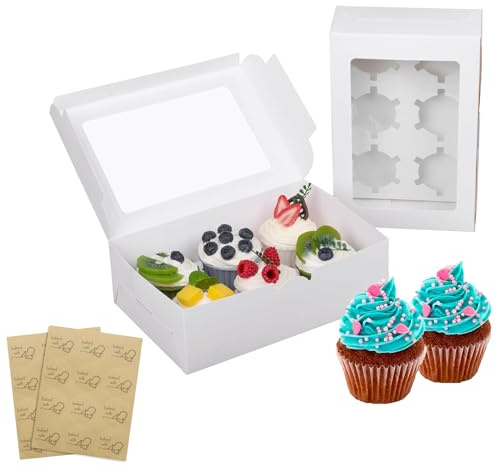 LONGTEAM 24-Set White Cupcake Boxes 6 Holes, Rectangle Cup Cake Boxes with Clear Window, Suitable for Home Baking, Party, Wedding, Christmas, Cake Shop, Picnic (White-24 Pack, 6 Holes)