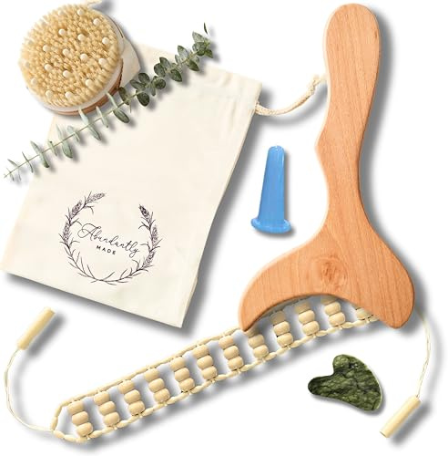 Abundantly Made Co. | 7-teiliges Lymphdrainage-Set mit E-Book & Unterricht | Holz, Jade, Silikon-Werkzeuge für Maderoterapia, Gua Sha, Schröpfen, Trockenbürsten | Körperformung & Faszienentlastung