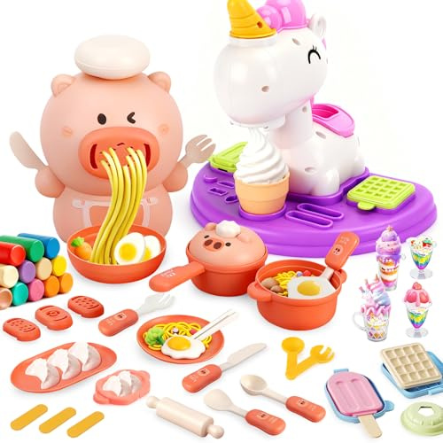 LumenVela Plastilina per Bambini, 57 pièces Set di Plastilina Pasta da Modellare con Gelatiera, Macchina per la Pasta può Essere Utilizzato per Preparare Pasta, Gelato e Cialde per Ragazzi Bambina 3+