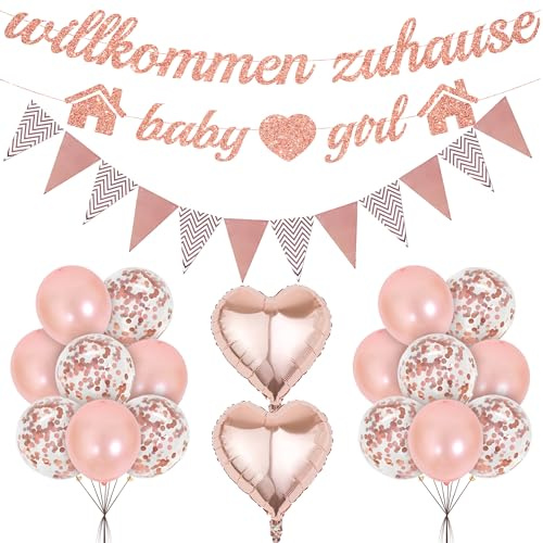 Welcome Home Baby Girl Deko - 21 Stück Willkommen Zuhause Set mit Rosa Willkommen Zuhause Girlande, Wimpelkette und Luftballons Dekoration für Einweihungsparty, Geburt, Babyparty Deko Mädchen