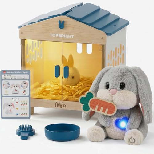 Mainely Top Bright Care Pets Mummy Bunny Interaktives Plüschtier Licht & Geräuschen, magischem Baby-Hasen im Stall, Zubehör zum Füttern & Pflegen – Kuscheltier für Rollenspiel & Geschenk für Kinder