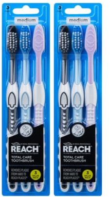 REACH Total Care - Cepillo de dientes mediano, paquete de 2 x 3 (6 cepillos), cabeza compacta con cerdas en V, limpiador de lengua y agarre antideslizante, elimina la placa, suave con los dientes