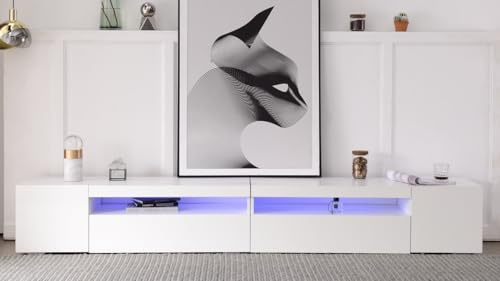 Generisch Meuble TV moderne blanc de 240 cm, panneau clair, éclairage LED variable, salon et salle à manger (non brillant)