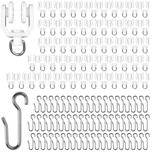 LEONTOOL Confezione da 60 binari per tende per montaggio a soffitto, ganci e rulli, in metallo, a forma di S, piccole tende in metallo, ganci per drappeggi a soffitto