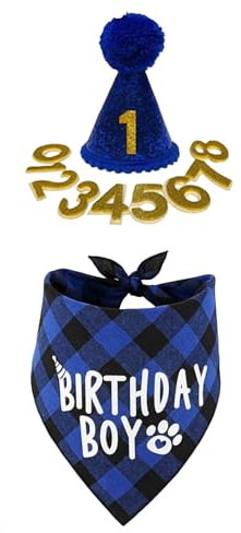 Hunde-Geburtstags-Outfit, 1 Set Hunde-Geburtstags-Outfit, süße Blaue Jungenmütze und Bandana-Schal-Set mit Nummer..Partyhut mit Pompons-Topper für Medium, Katze
