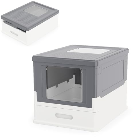 COSTWAY Arenero para Gatos Cubierto, Caja de Arena para Gatos Grande con Entrada Frontal y Salida Abatible, Bandeja Portátil, Cajón, Arenero Cerrado Plegable para Gato, 50x38x37 cm (Gris + Blanco)