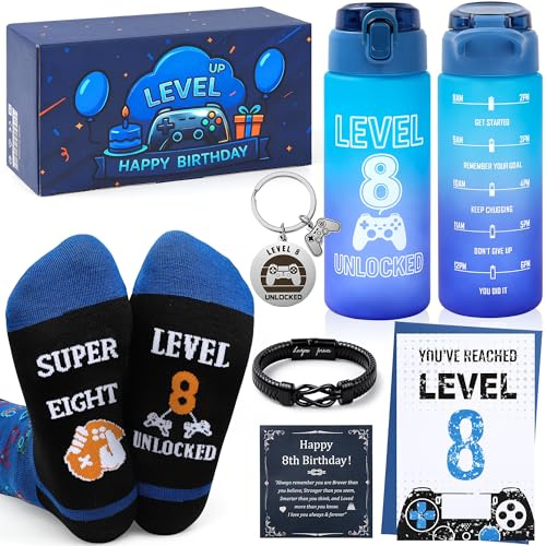 EccoDen 8th Birthday Gifts for Boys Age 8 – Funny Gamer Gift Set with Sports Water Bottle, Gamepad Keyring, Level 8 Socks & Bracelet – Cool Birthday Presents for Gamer Kids
