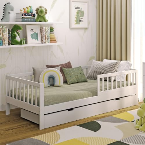CADANI NIK Kinderbett 120x200 cm Weiß Abnehmbarer Rausfallschutz bis 200 kg | 3 Aufbauvarianten, Premium Roll-Lattenrost bis 200 kg, 2 Schubladen mit Stauraum, flexibel als Schlaf- und Spielsofa nutzbar