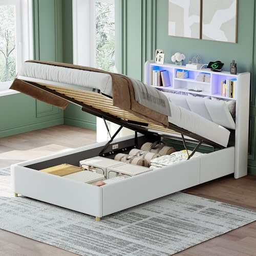 Besbed Single Ottoman Bed, 3ft Upholstered Bed with Hydraulic and Headboard Storage, Wooden Slats Frame with LED-Lighting & Charging-Station, PU Fabric, White, 90x190 cm (No Mattress)