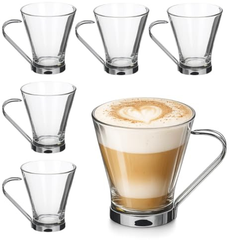 Generico Set 6/12 Tazze Cappuccino in Vetro 200 ml con Manico – Tazze Latte Macchiato Eleganti con Base Rinforzata, Bicchieri da Caffè Resistenti, Lavabili in Lavastoviglie (6) -100008