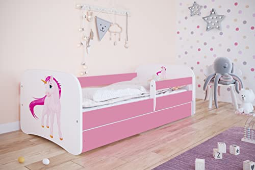 Bjird Kinderbett Jugendbett 70x140 80x160 80x180 Rosa mit Rausfallschutz Schublade und Lattenrost Kinderbetten für Mädchen - Einhorn 140 cm