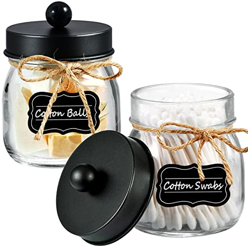 Amolliar Mason Jar Bathroom Vanity Organizer - Farmhouse Decor Qtip Dispenser Holder Canister Glass - 8oz Mason Jars &Stainless Steel Lids for Q-tips,Cotton Swabs,Rounds,Bath Salts,Ball/Black,2-Pack