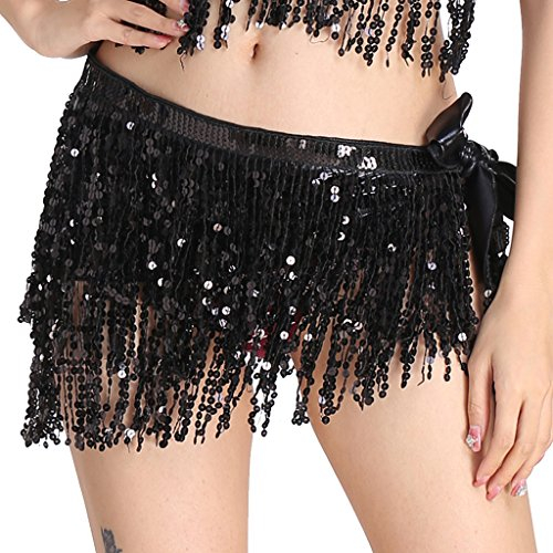 Wuchieal Pailletten Glitzer Rock Bauchtanz Hüfttuch Kostüm Quaste Outfits Gürtel Festival Kleidung (Schwarz, One Size)