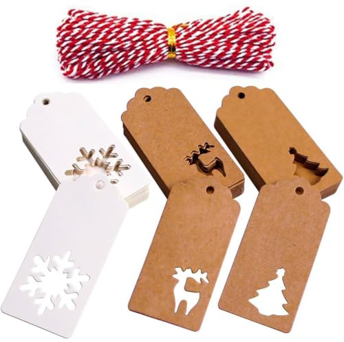 HAKACC Geschenkanhänger Weihnachten, 150 Stück Kraftpapier Etiketten mit Schnur, Weihnachtsanhänger für Geschenkverpackung, Christbaumschmuck, Flaschenetiketten, Marmeladengläser, DIY