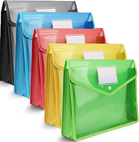 5 st plastplånbok mappar med tryckare – dokumentfickor med knapp, plastkuvert plånböcker filer för A4-dokument papper, röd blå gul grön svart – 5-pack