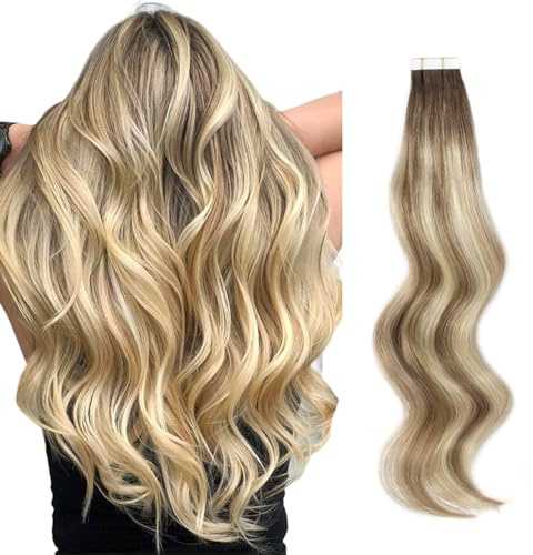 ABH AMAZINGBEAUTY HAIR Echthaar Tape Extensions 45cm Ombre Braun #R3-8-613 | Remy Echthaar, Skin Weft, Ombre Rooted Aschbraun Blond, 50g 20 Stück, Nahtlos, Unsichtbar, Wiederverwendbar, Haarverlängerung
