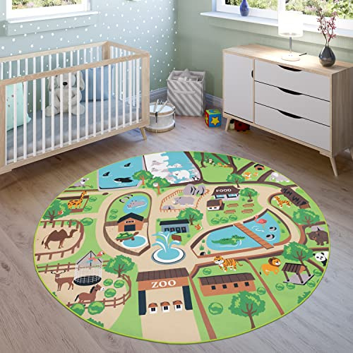 Paco Home Kinder-Teppich Für Kinderzimmer, Spiel-Teppich, Zoo Mit Tiger, Bär, Löwe, rutschfest Bunt, Grösse:Ø 200 cm Rund