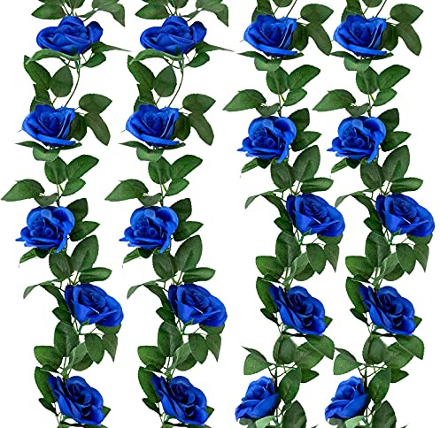 Yebazy Lot de 4 guirlandes de Roses artificielles pour hôtel, Mariage, Maison, fête, décoration de Jardin (Bleu Roi) 9 m