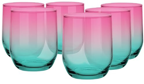 Glasmark KROSNO 1992 Juego De 6 Vasos Para Cócteles 300 ml Long Drink Copas De Vidrio Para Agua Succo Transparentes Turquesa Rosa