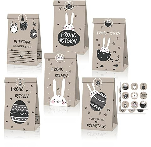 WOVEE 12 Stück Geschenktüten Ostern Set Geschenktaschen Papier Osternester zum Befüllen Papiertüten DIY Hase Frohe Ostern Aufklebern Geschenktüten Kleine Geschenke für Kinder Mädchen