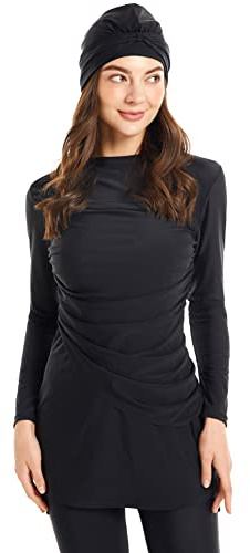 OBEEII Bescheidener Muslimischer Badeanzug für Damen, Schnell Trocknender Hijab-Hosenanzug, Muslimischer Full-Cover-Hijab-Burkini-Badeanzug Schwarz XL