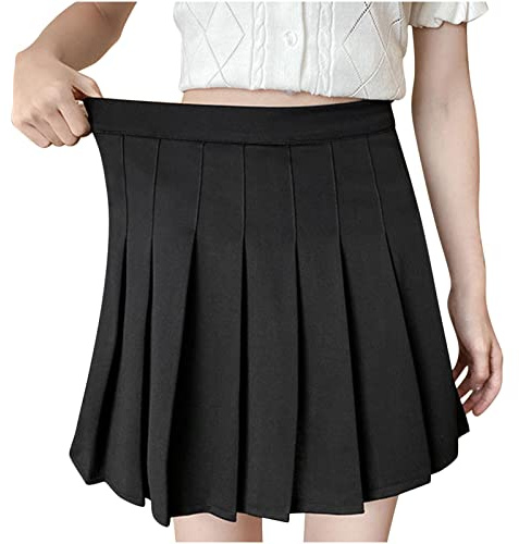 LUCKME Women Pleated Short Skirts UK Knee Length Elagant High Waist A-Line Skater Tennis Skirt School Skirt Uniform Girls Ladies Black