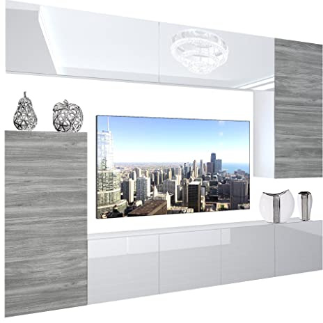 BELINI Wohnwand Schrankwand NEX 8 mit LED-Beleuchtung, Weiß/Glamourholz | Vollausstattung Wohnzimmer-Set Moderne Schrankwand Anbauwand TV-Schrank