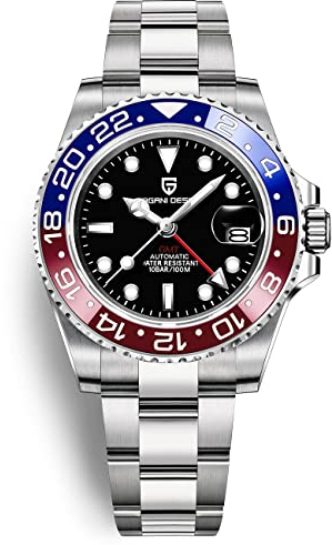 Pagani Design Herrenuhr Automatik Mechanische Uhr GMT Dual-Zeitzone Armbanduhren Edelstahl Zweifarbige Keramiklünette 100M Wasserdicht PD-1662 (3 Blau Rot)