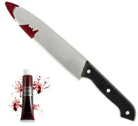 jokeshop Fake Knife & Blood Kit - Bloody Kitchen 31cm Knife Halloween Horror Fancy Dress Blood Blade