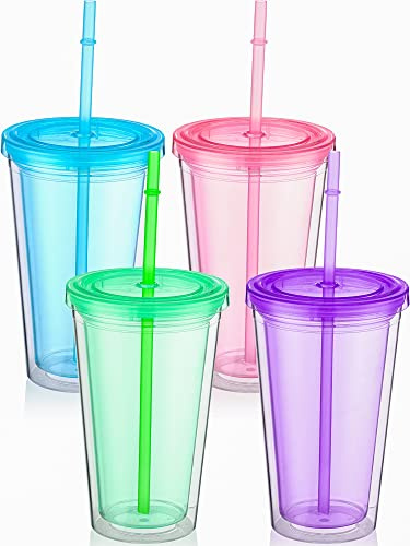 Nuogo 4 Pieces Insulated Double Wall Plastic Tumbler with Lids and Straws Reusable Transparent Plastic Cup 16 oz Tumbler Bulk for Coffee Drinks Milk Tea Juice, Pink, Blue, Green, Purple