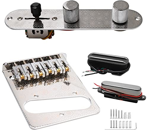 Swhmc Prewired 3 Way Switch Guitar Control Plate Kit Chrome Plated Metal Bridge Plate with Neck Pickup Bridge Pickup for Tele Telecaster Guitar (Silver)