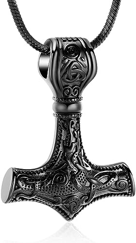 Minicremation Mjolnir - Collar de urna de Martillo de Thors para Cenizas para Hombre, joyería Celta nórdica vikinga, joyería de cremación para Mujer, Colgante conmemorativo de Cenizas, Acero
