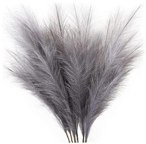 6PCS Large Grey Faux Pampas Grass Decor - Artificial Fluffy Reed for Room Decor - 45cm Dark Grey