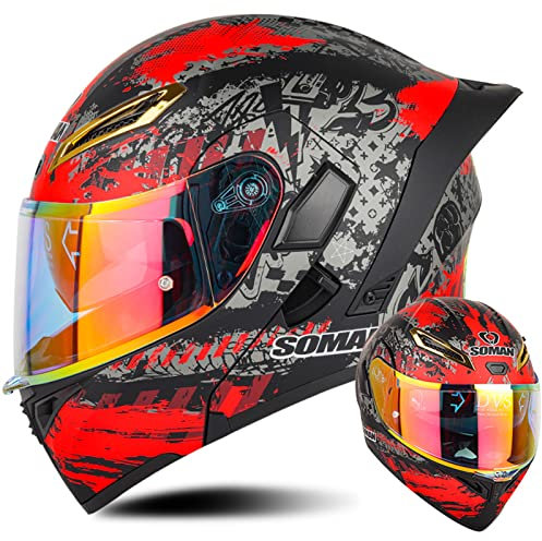 Modularer Motorradhelm, Motorrad Klapphelm, DOT/ECE Zugelassener für Frau und Männer mit Doppeltem Sonnenvisier Farblinse Motorrad Roller Vollgesichtshelme,Rot-XXL(63~64cm)