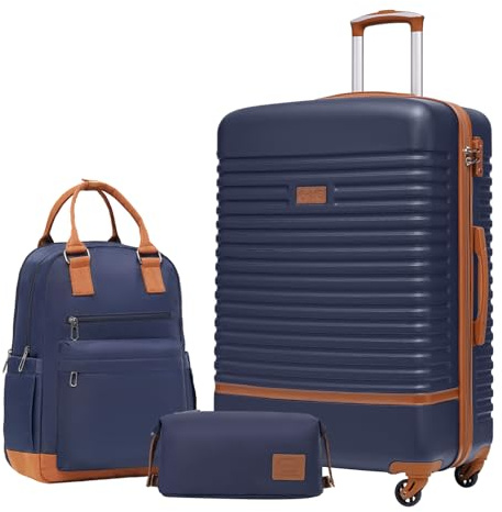 COOLIFE Set Valigie,Set di Valigie,Trolley da Viaggio con 4 Rotelle Girevoli a 360° TSA Serratura 1 zaino da viaggio e 1 Borsa da toilette Incluso (Albicocca/Blu Navy, Set di valigie 3pzs (28))