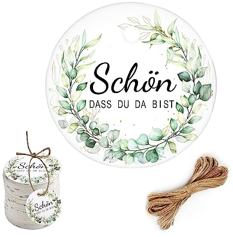 100 Stück Schön Dass Du Da Bist Anhänger Aufkleber Stempel 5 CM Runde Geschenkanhänger Hochzeit Personalisiert Schön Das Du Da Bist Präsent Anhänger Schilder mit Schnur für Hochzeit Kommunion DIY Deko