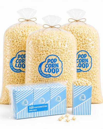 Popcornloop® Popcorn Sack Salzig 4,2 kg – verzehrfertiges Popcorn inkl. 105 Popcorntüten – Knabbersnack für Partys, Events & Filmabende
