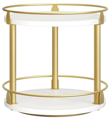 YATINEY Gewürzregal, 2-stufiger drehbarer Organizer, kreisdrehbares Lagerregal, kompakter Gewürzhalter mit Drehscheibe, für Küchentheke, Esstisch, Weiß und Gold XSR22DW