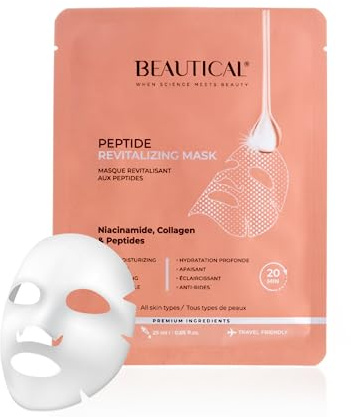 BEAUTICAL Masque Visage Revitalisant aux Peptides, Niacinamide et Collagène | Masque en tissu hydratant et apaisant, soin anti-âge, aide à réduire l’apparence des ridules et à raviver l’éclat de la peau