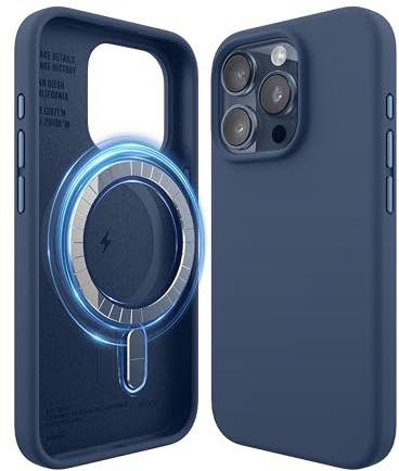 elago Magnetic Silicone Case for iPhone 15 Pro | Compatible with MagSafe, Built-in Magnets, Soft Grip Silicone, Shockproof (Jean Indigo)