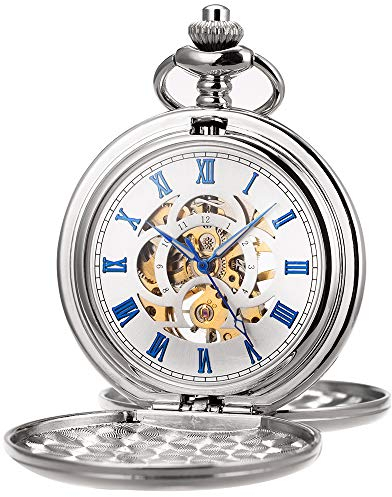 SIBOSUN Taschenuhr mit Kette Analoge Handaufzug Doppeltes Scharnier Antike Gravierte Römische Taschenuhr für Männer Silberfarbene