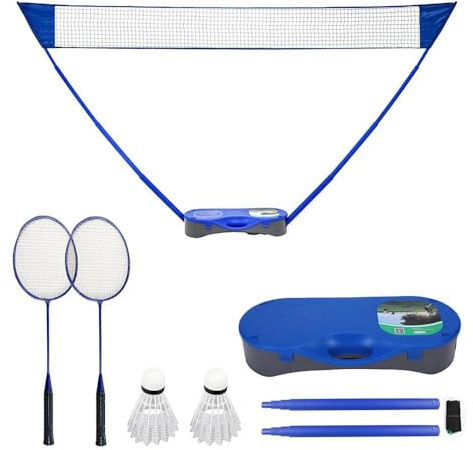 FBSPORT Tragbares Badminton-Netz-Set mit freistehender Basis, 2 Badmintonschläger, 2 Federbälle und 1 Netz, für Outdoor-Indoor-Sportarten, einfaches Setup-Netz