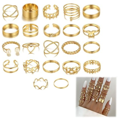 ZKSXOA 22 Pcs Vintage Gold Knuckle Rings Bohemian Stackable Joint Finger Rings Retro Knot Rings for Women Pearl Open Rings Set Adjustable for Women Teen Girls