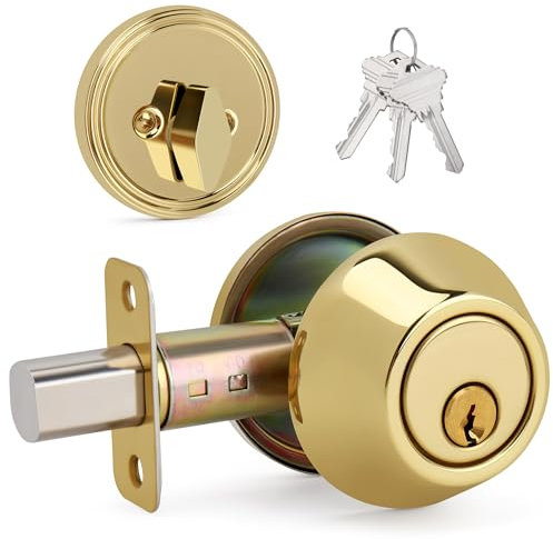 LOQRON Design rotondo singolo cilindro catenaccio con chiavi, serratura esterna a chiave morto bullone per la sicurezza della porta d'ingresso anteriore, ottone lucido