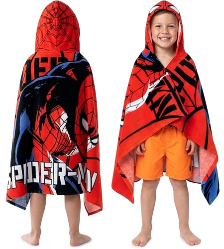 Marvel Spiderman Bath Towel with Hood for Kids Teenagers Absorbent Changing Robe Poncho Towel for Swimming Bath Shower Beach Towel Holiday Essentials (Red Spiderman, 6-14 Years)
